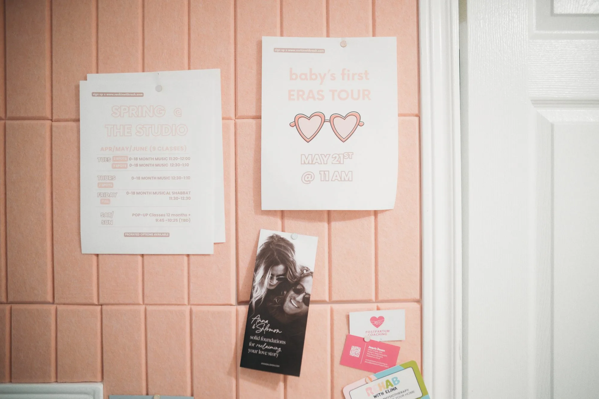 Class schedule noticeboard on the wall at Rockin' with Rach studio Toronto